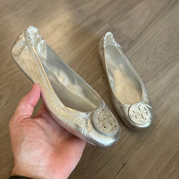 Tory Burch Reva Ballet Flats Metallic Silver Leather Women’s Size 8.5 - Picture 1 of 7